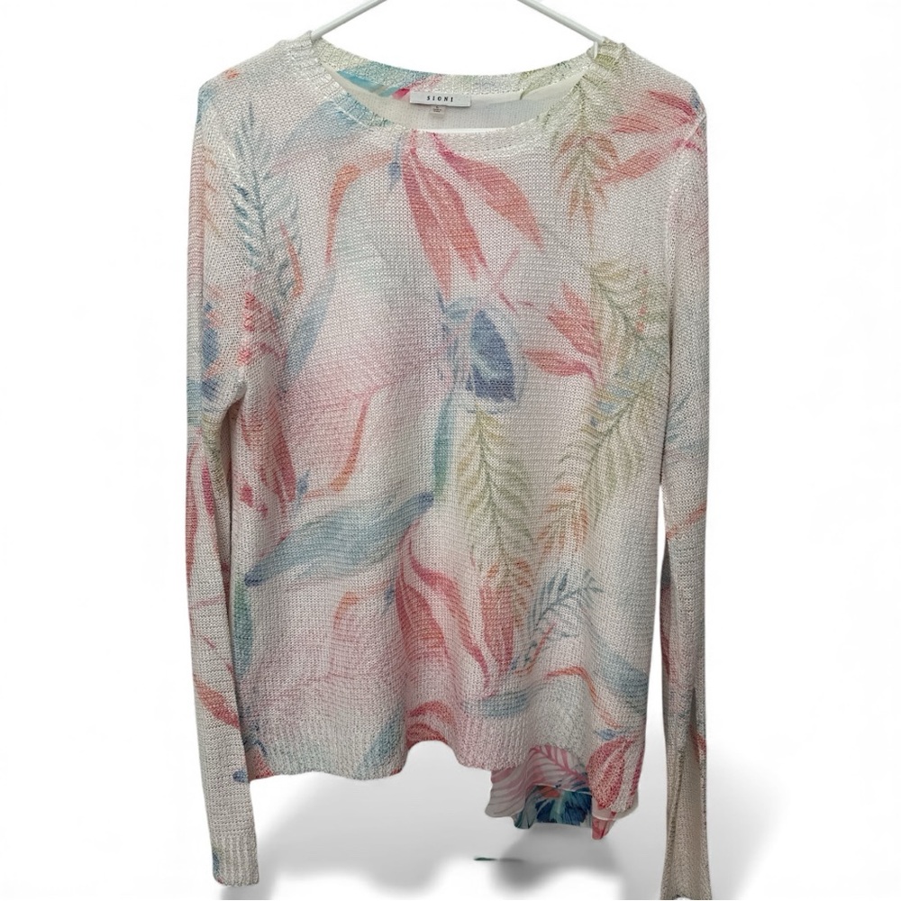 Sioni Floral Lightweight Knit Sweater Coastal Resort Style Long Sleeve Large